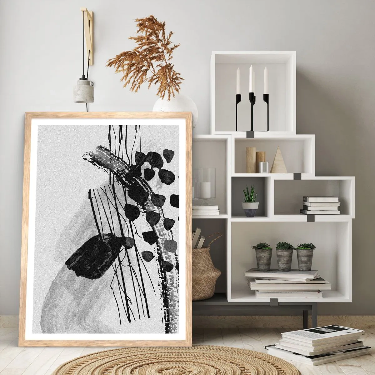 Poster în ramă de stejar deschis - Abstracție organică în negru și alb - 70x100 cm
