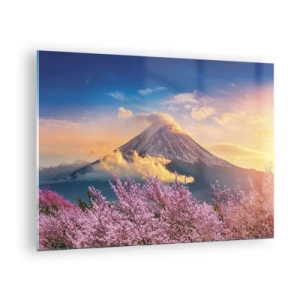 Tablou pe sticlă - Muntele Fuji în fundal, cu copaci sakura înfloriți în prim-plan - 70x50cm - Sfințenia japoneză - Decorațiune modernă pentru perete pentru living și dormitor ARTTOR