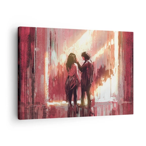 Tablou pe pânză Canvas - Un cuplu stând în lumină caldă pe un fundal de modele abstracte. - 70x50cm - Spectacolul etern al iubirii - Decorațiune modernă pentru perete pentru living și dormitor ARTTOR