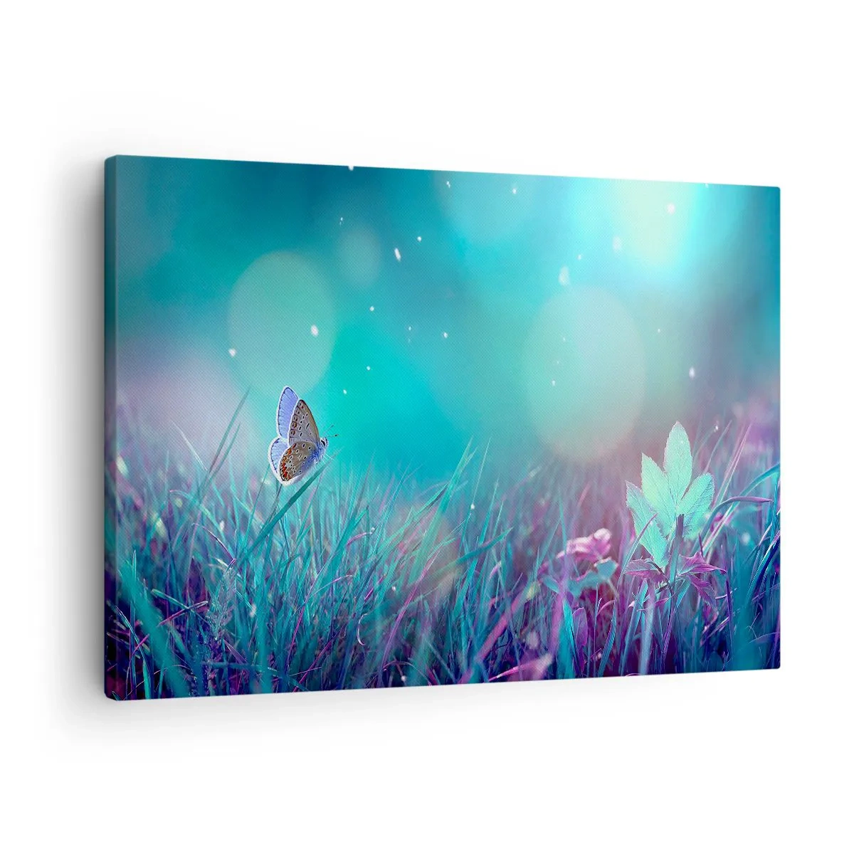 Tablou pe pânză Canvas - Un fluture pe iarbă în lumina reflexiilor neclare - 70x50cm - Viața secretă a luncii - Decorațiune modernă pentru perete pentru living și dormitor ARTTOR