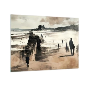 Tablou pe sticlă - Siluete mergând pe o plajă largă sub un cer înnorat - 70x50cm - Reamintiți - Decorațiune modernă pentru perete pentru living și dormitor ARTTOR