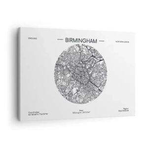 Tablou pe pânză Canvas - O hartă minimalistă alb-negru a orașului Birmingham, cu detalii precise. - 70x50cm - Anatomia Birmingham - Decorațiune modernă pentru perete pentru living și dormitor ARTTOR