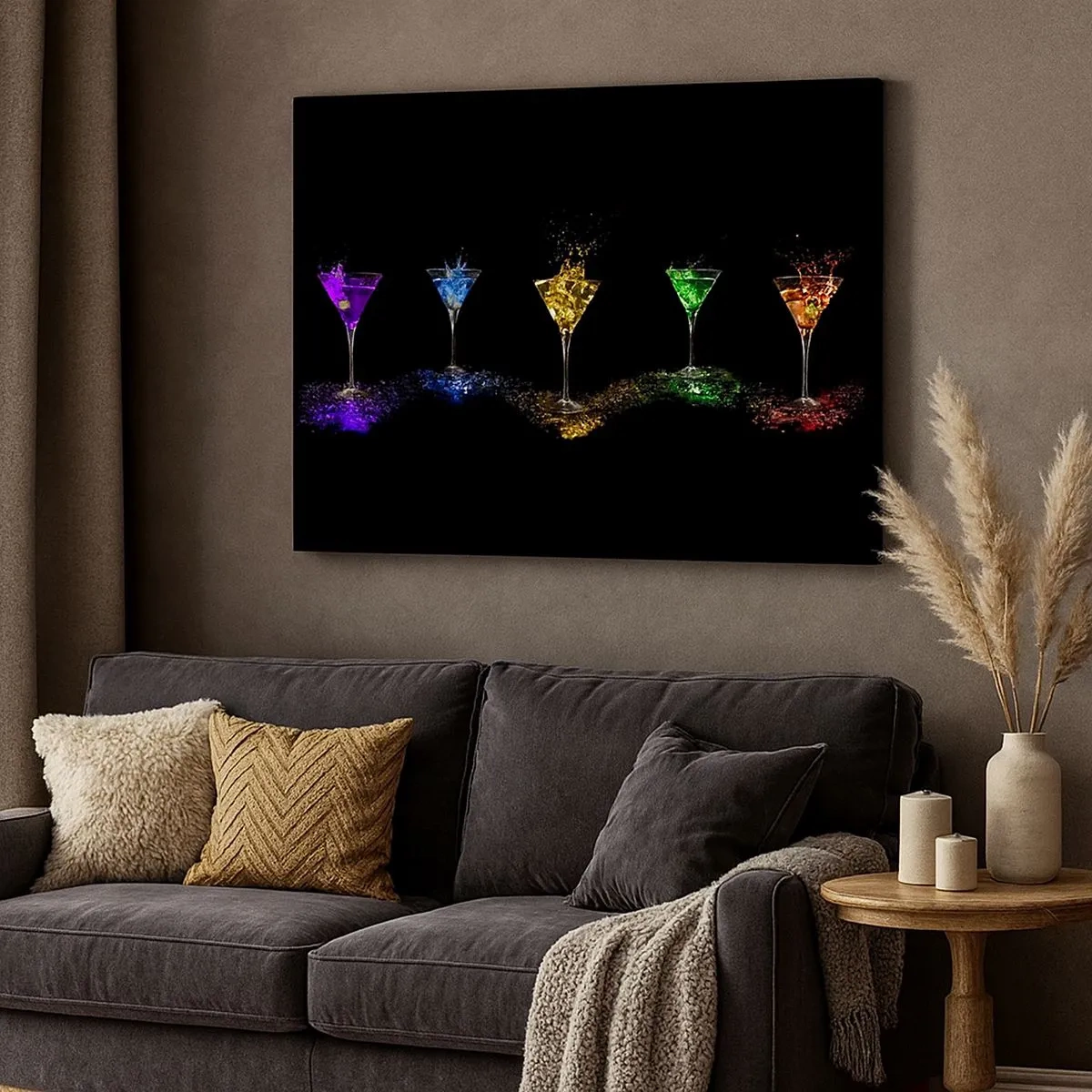 Tablou pe pânză Canvas - Cocktailuri colorate în pahare pe fundal negru - 70x50cm - Culori de bucurie în sticla de cristal - Decorațiune modernă pentru perete pentru living și dormitor ARTTOR