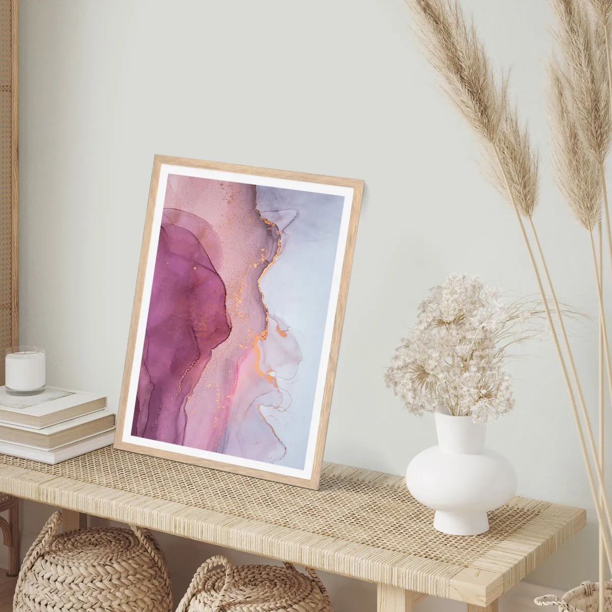 Poster în ramă de stejar deschis - Valuri de liliac și violet - 50x70 cm