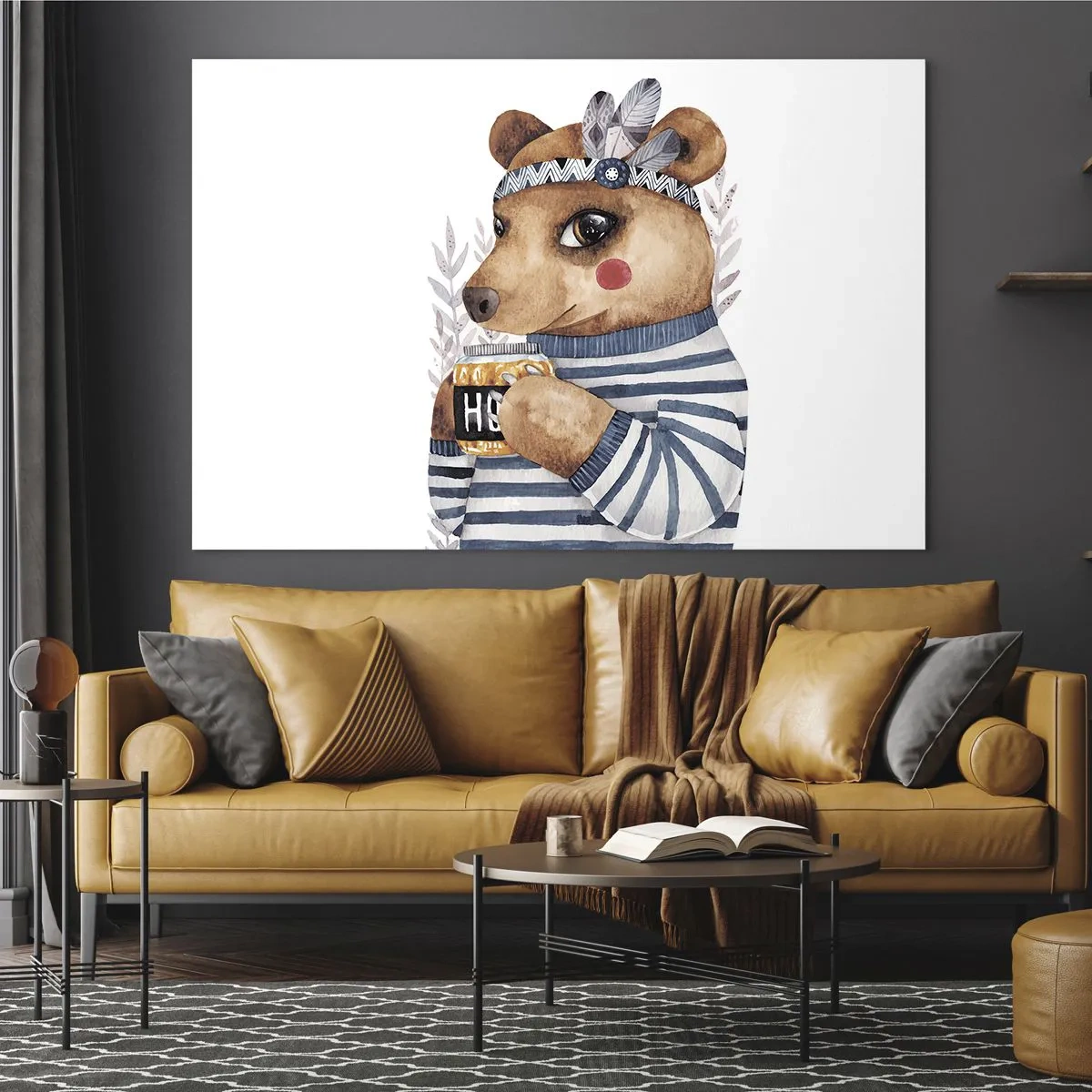 Tablou pe sticlă - Un ursuleț de pluș cu dungi, cu o cană de miere și pene - 70x50cm - Ursoaică dulce - Decorațiune modernă pentru perete pentru living și dormitor ARTTOR