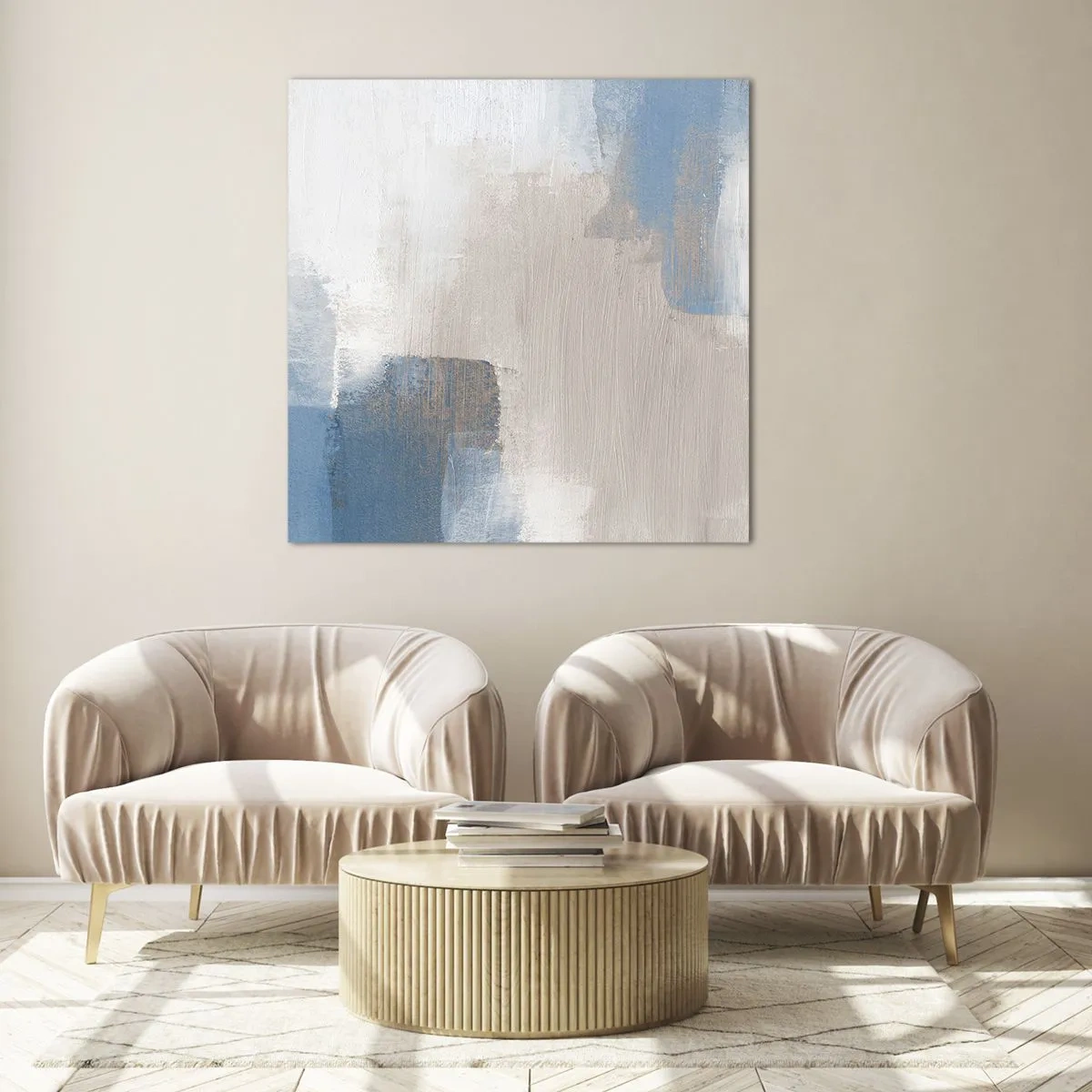 Tablou pe sticlă - Abstracție roz în spatele unui voal de albastru - 40x40 cm