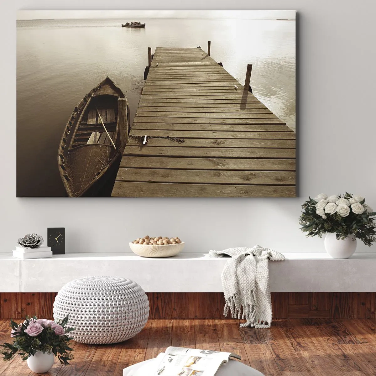 Tablou pe pânză Canvas - Dig de lemn și barcă pe un lac liniștit - 70x50cm - Marea pace - Decorațiune modernă pentru perete pentru living și dormitor ARTTOR