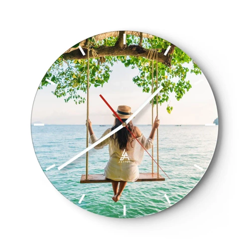 Ceas de perete - Ceas pe sticlă - Femeie pe un leagăn lângă mare într-un decor de vară - 30x30cm - Viața este frumoasă - Decorațiune modernă pentru perete pentru living, bucătărie și dormitor ARTTOR