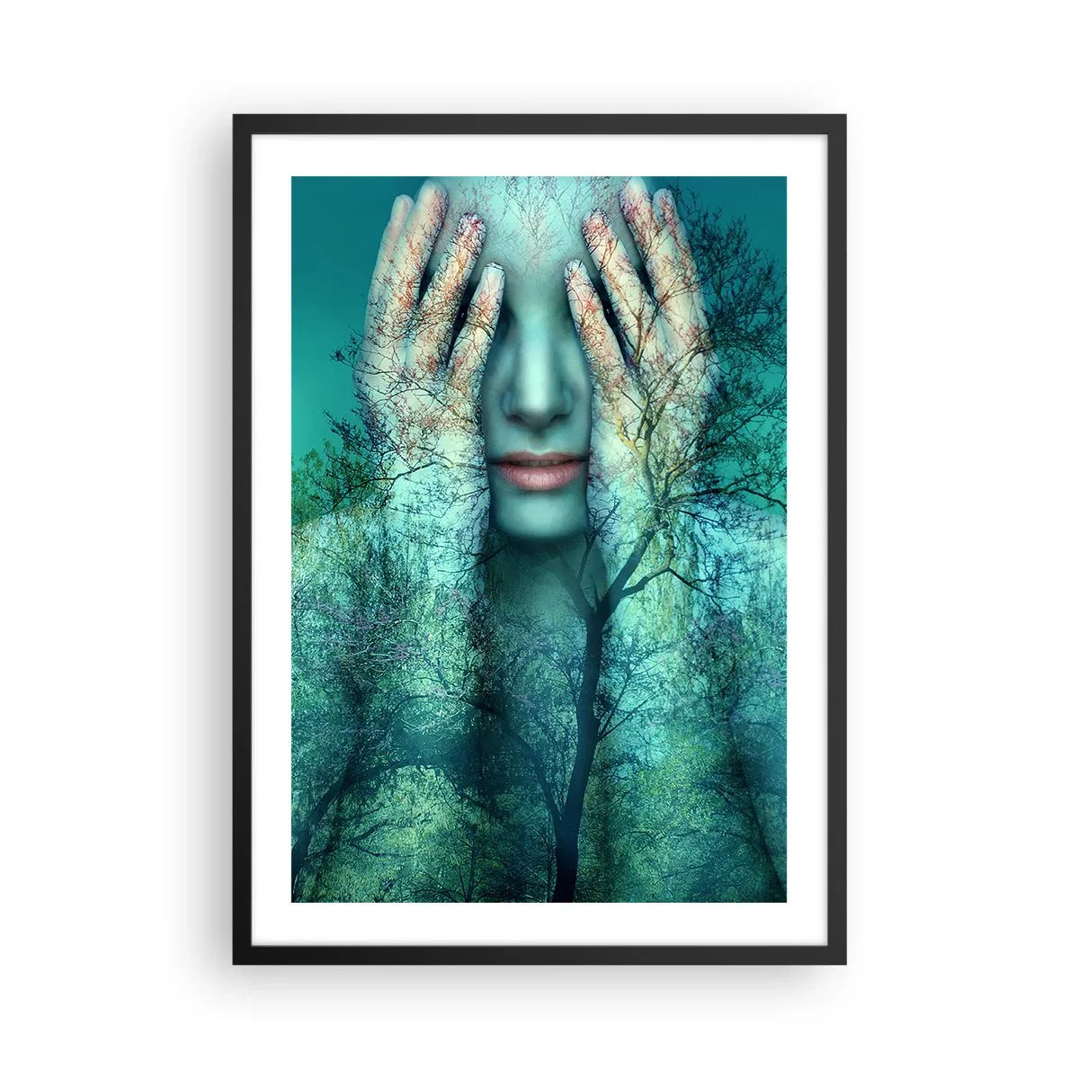 Poster în ramă neagră - Fața unei femei cu un peisaj forestier într-un stil de expunere dublă. - 50x70cm - Scufundată în albastru - Decorațiune modernă pentru perete pentru living și dormitor ARTTOR
