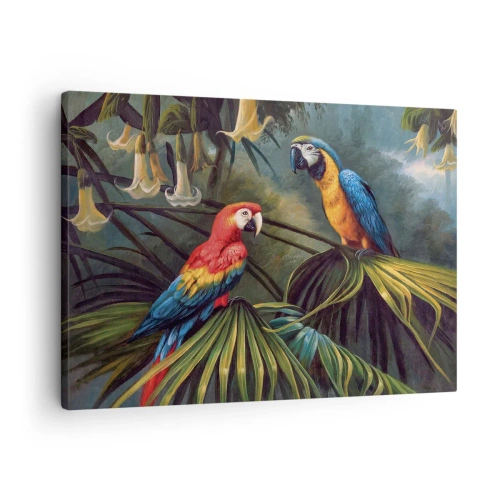 Tablou pe pânză Canvas - Papagali într-o pădure tropicală cu flori exotice în fundal - 70x50cm - Romantismul la tropice - Decorațiune modernă pentru perete pentru living și dormitor ARTTOR