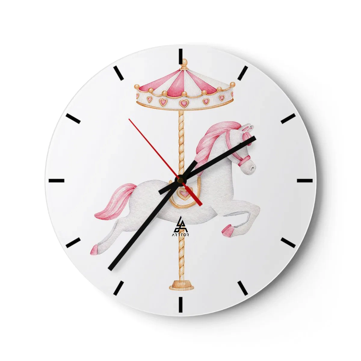 Ceas de perete - Ceas pe sticlă - Un cal de carusel alb cu o șa roz pe un fundal alb - 30x30cm - A pornit la cursă - Decorațiune modernă pentru perete pentru living, bucătărie și dormitor ARTTOR