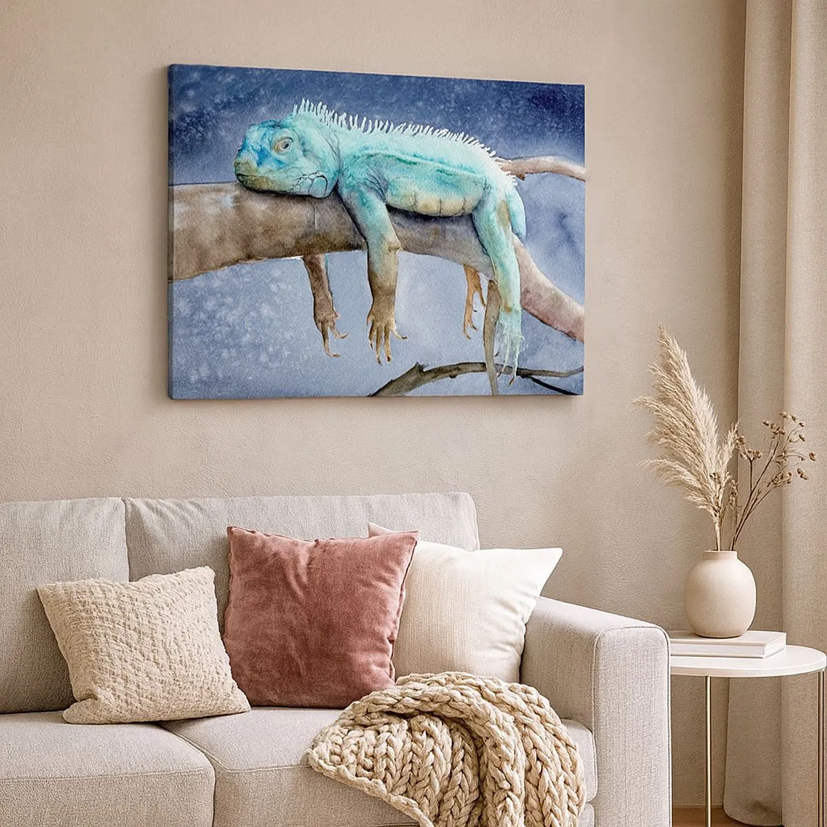 Tablou pe pânză Canvas - Iguana albastră odihnindu-se pe o creangă - 70x50cm - Este bine! - Decorațiune modernă pentru perete pentru living și dormitor ARTTOR