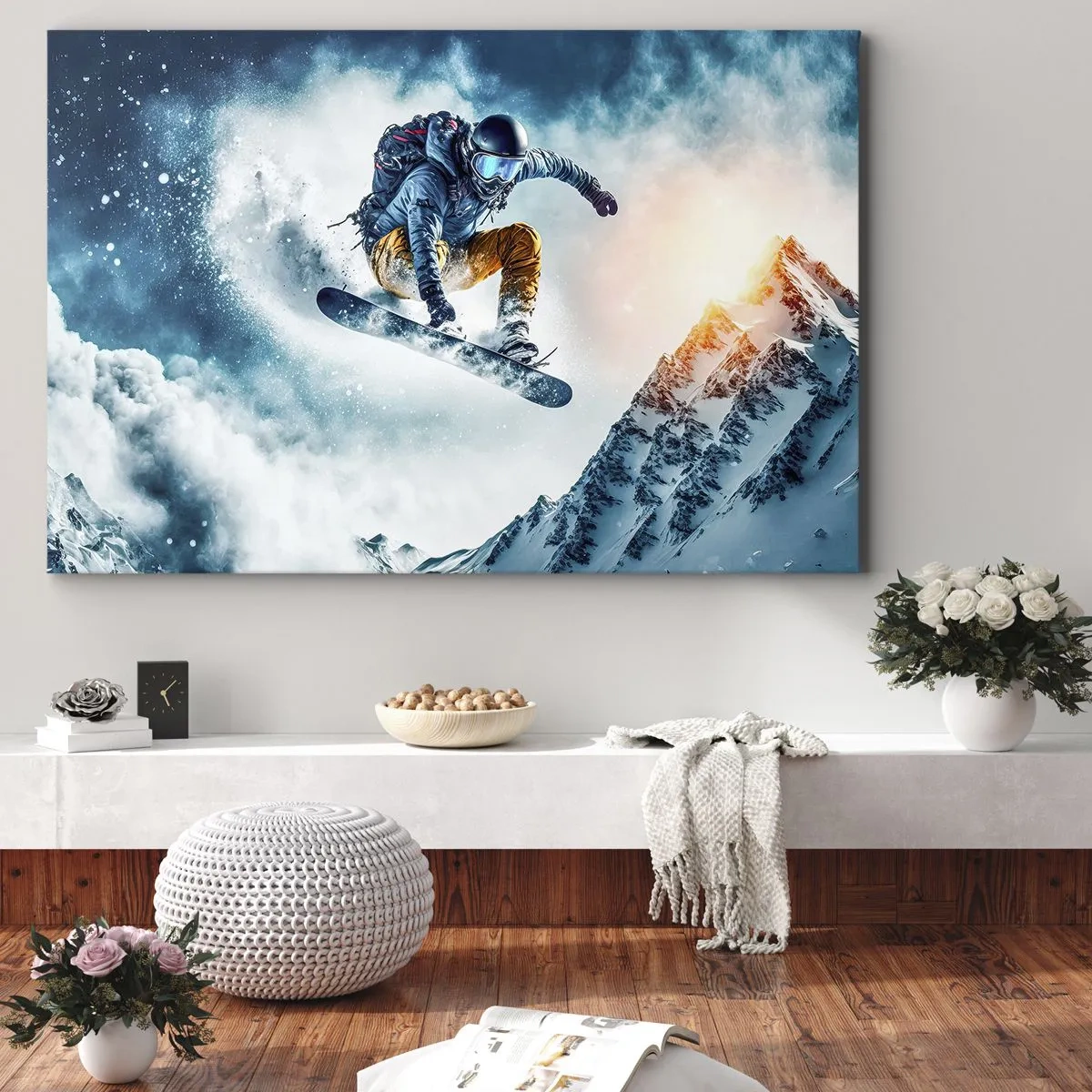 Tablou pe pânză Canvas - Un snowboarder zboară peste munți acoperiți de zăpadă - 70x50cm - Emoții extreme - Decorațiune modernă pentru perete pentru living și dormitor ARTTOR