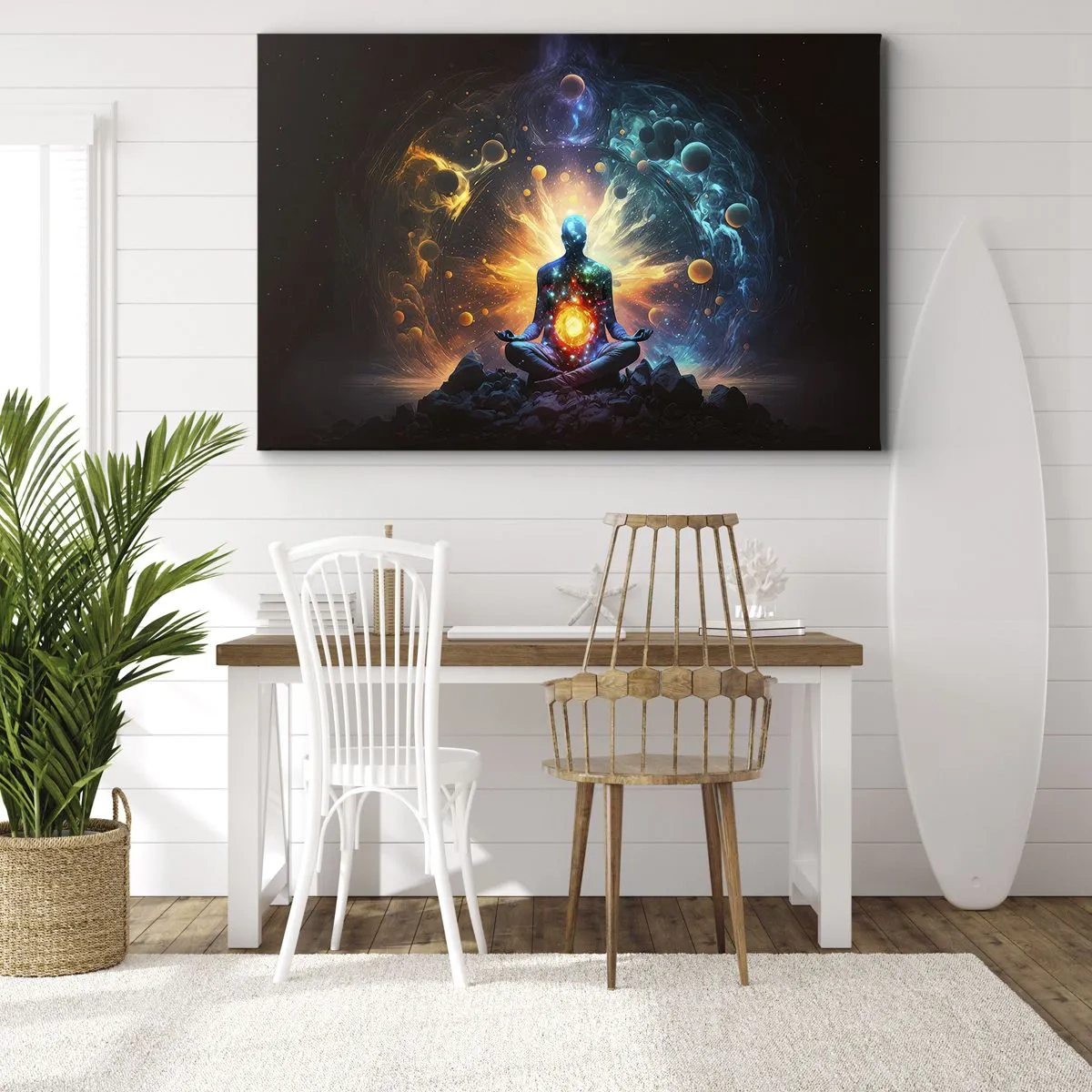 Tablou pe pânză Canvas - O figură în meditație înconjurată de o aură cosmică - 70x50cm - Liniște cosmică - Decorațiune modernă pentru perete pentru living și dormitor ARTTOR