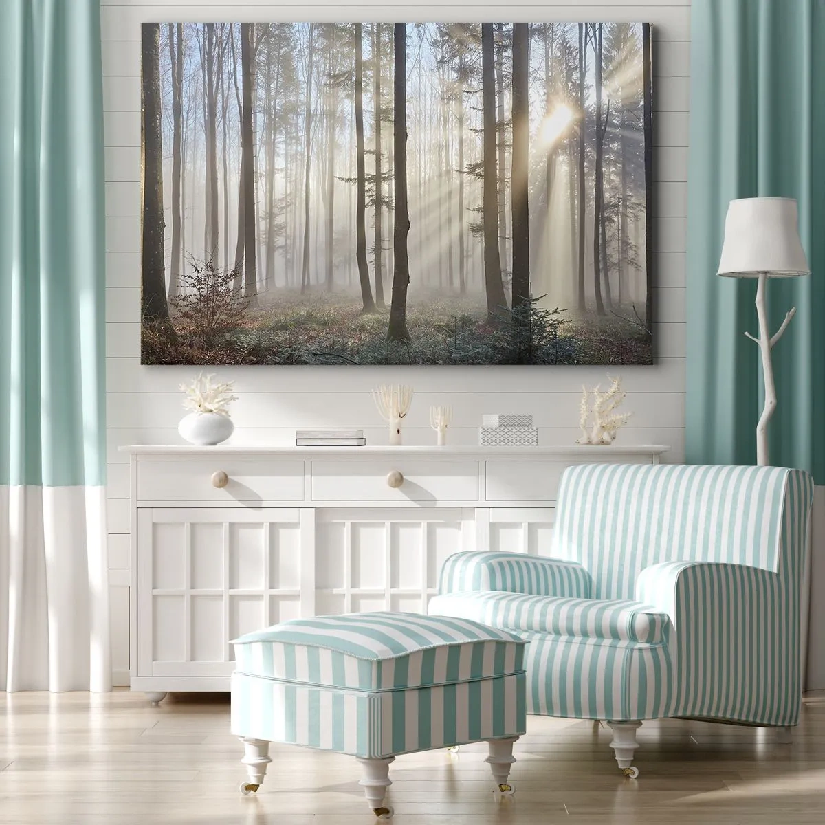 Tablou pe pânză Canvas - O pădure într-o ceață ușoară, cu raze de soare care strălucesc printre copaci - 70x50cm - Ceața s-a trezit și ea - Decorațiune modernă pentru perete pentru living și dormitor ARTTOR