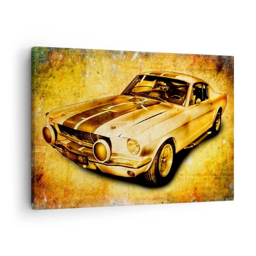 Tablou pe pânză Canvas - Mașină sport retro clasică pe un fundal vintage în tonuri aurii - 70x50cm - Nebunii ani '70. - Decorațiune modernă pentru perete pentru living și dormitor ARTTOR