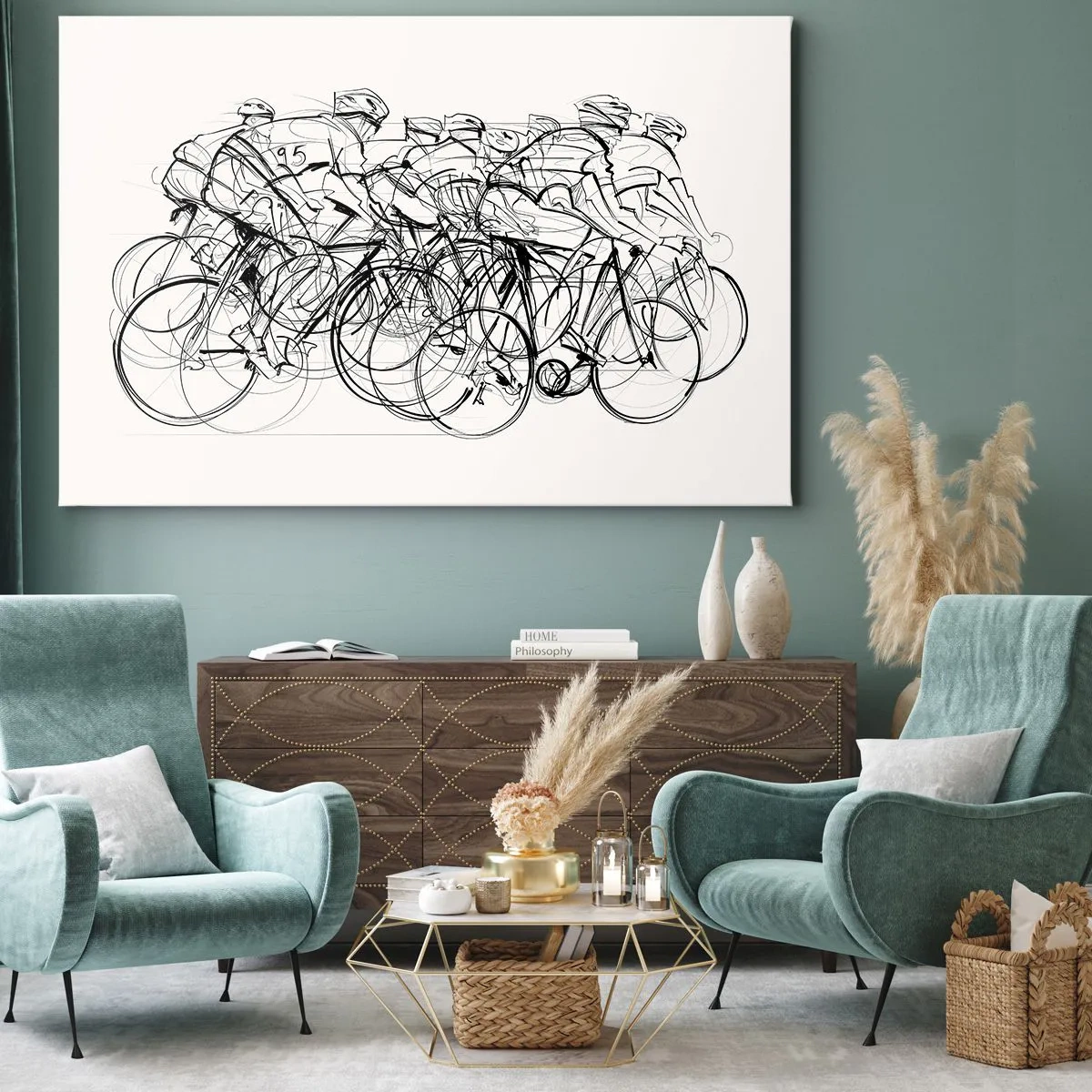 Tablou pe pânză Canvas - Un grup de cicliști în mișcare într-un stil minimalist - 70x50cm - Mână în mână - Decorațiune modernă pentru perete pentru living și dormitor ARTTOR