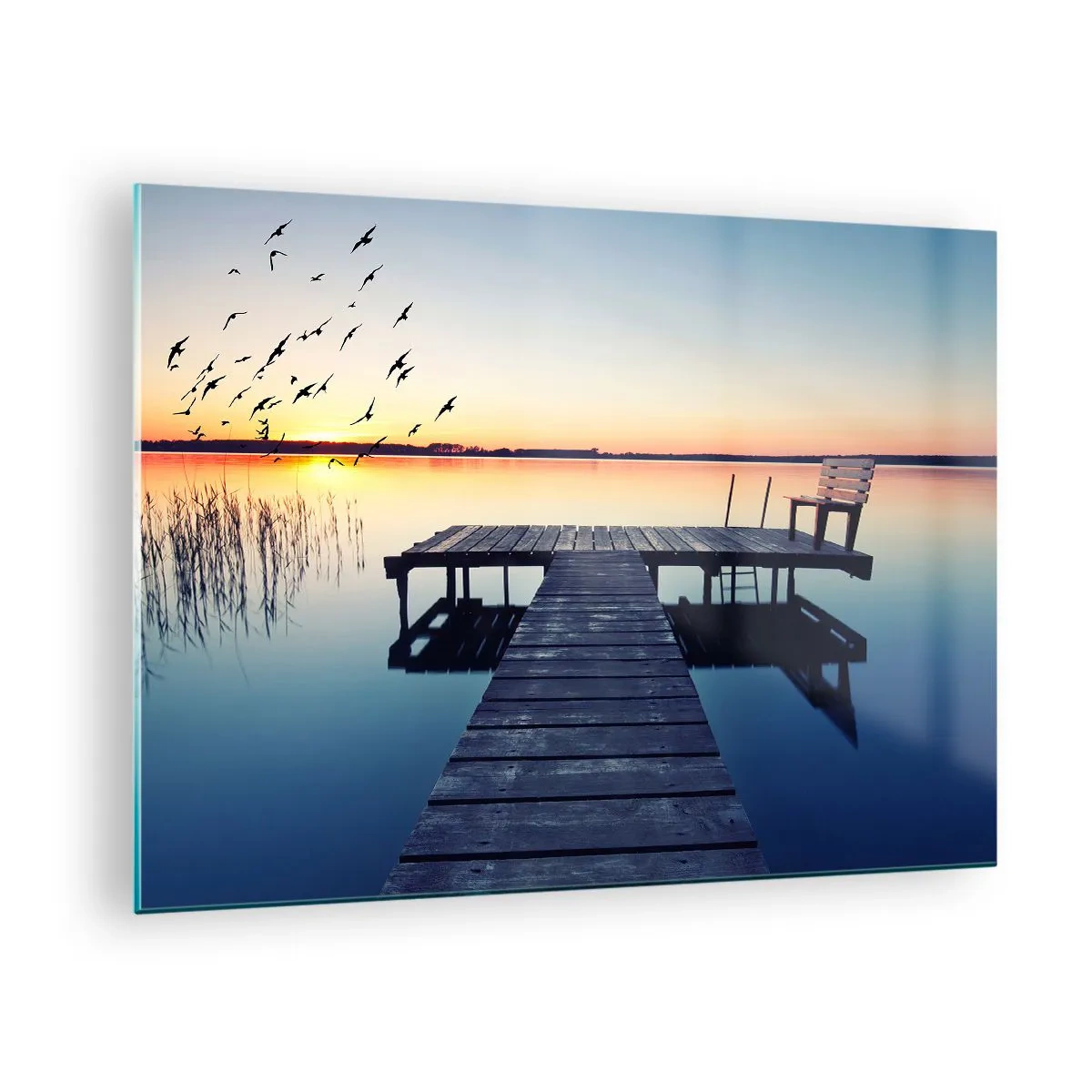 Tablou pe sticlă - Un dig pe lac cu vedere la apus și păsări în zbor - 70x50cm - A fost o zi bună - Decorațiune modernă pentru perete pentru living și dormitor ARTTOR