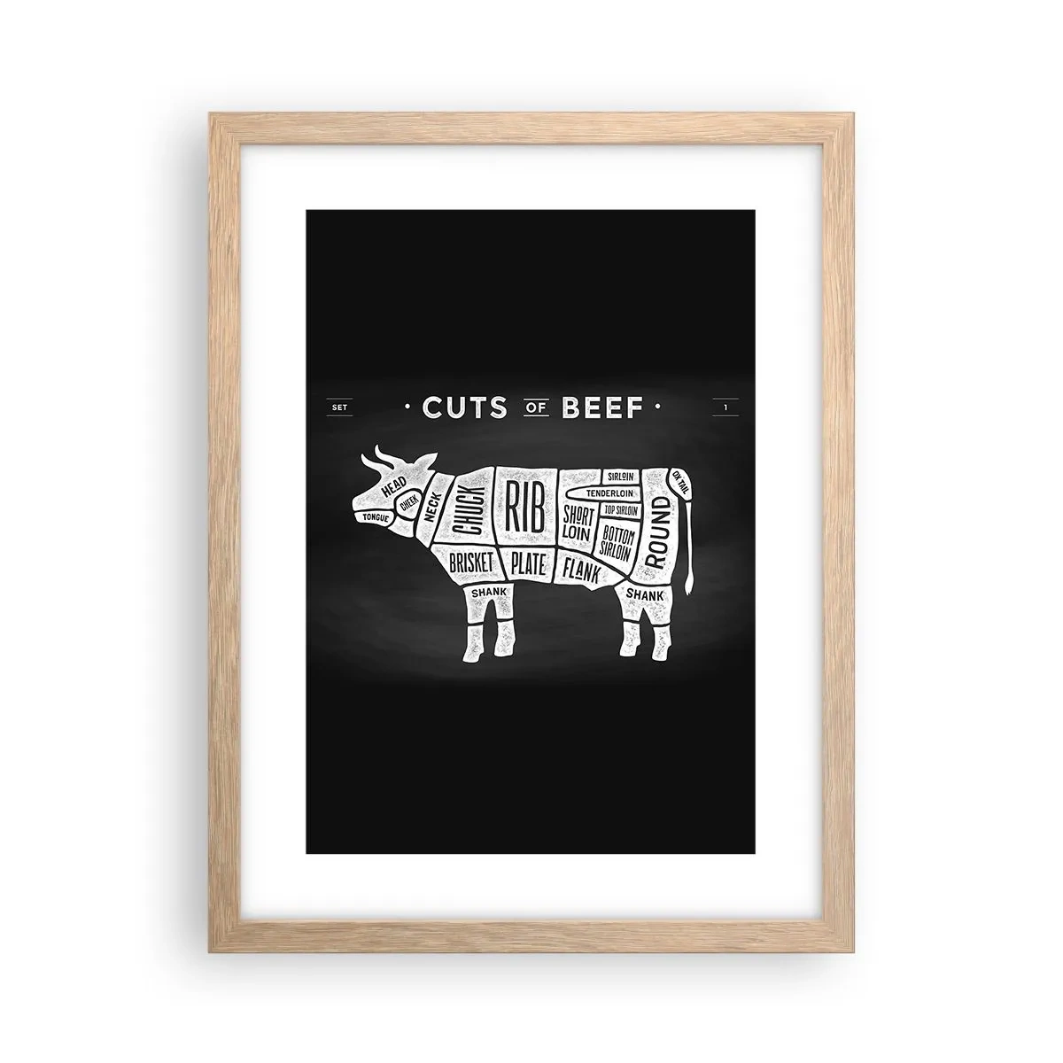 Poster în ramă de stejar deschis - Abecedar de măcelar - 30x40 cm
