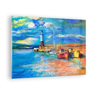 Tablou pe sticlă - Golful Rainbow cu un far și bărci colorate în port - 70x50cm - După-amiază în golful de curcubeu - Decorațiune modernă pentru perete pentru living și dormitor ARTTOR