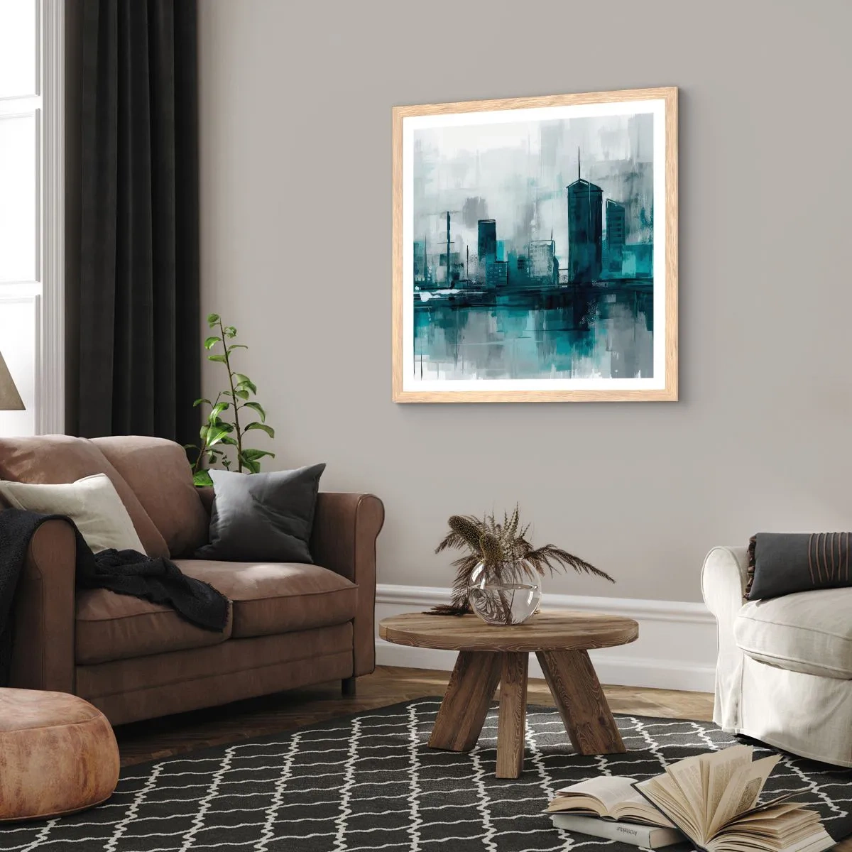 Poster în ramă de stejar deschis - Un oraș de culoarea ploii - 60x60 cm