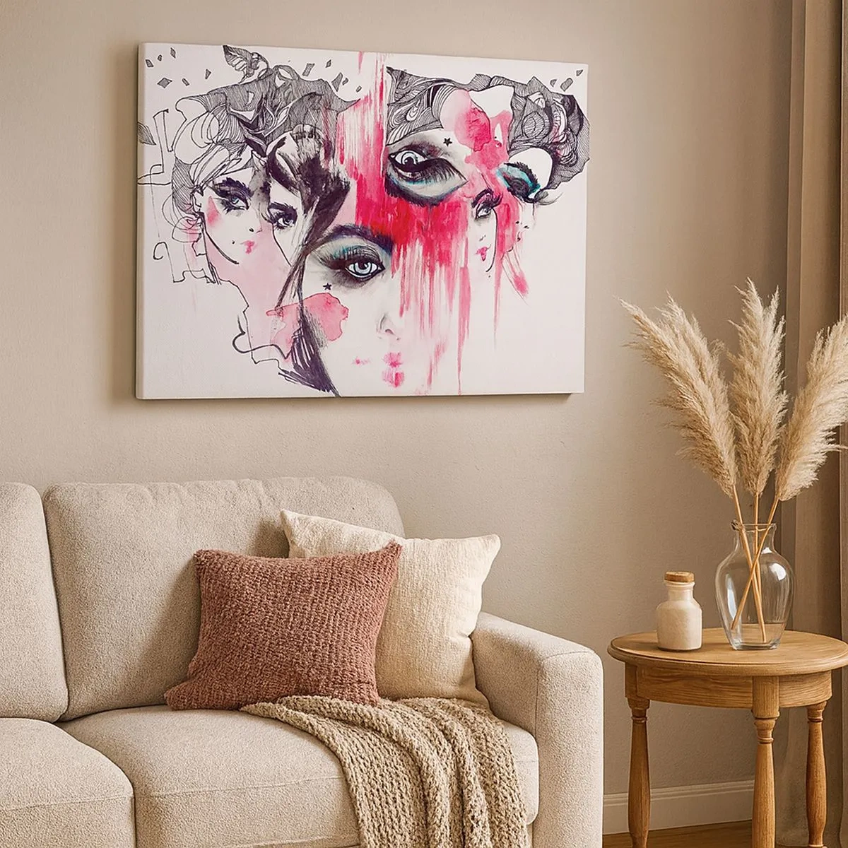 Tablou pe pânză Canvas - Față abstractă în nuanțe de roz și negru - 70x50cm - Ochii abstracți - Decorațiune modernă pentru perete pentru living și dormitor ARTTOR
