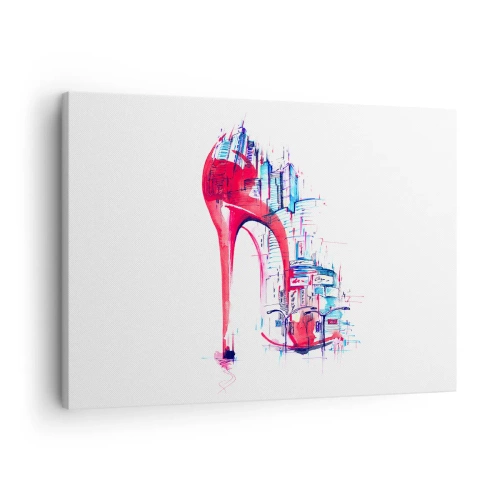 Tablou pe pânză Canvas - Toc stiletto roșu abstract cu detalii urbane - 70x50cm - Eleganta din marele oraș - Decorațiune modernă pentru perete pentru living și dormitor ARTTOR