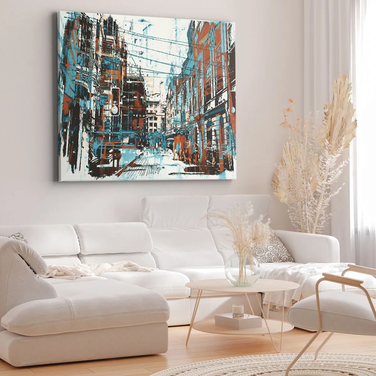 Tablou pe pânză Canvas - Un peisaj urban în nuanțe de albastru și portocaliu - 70x50cm - Un traseu printr-un oraș binecunoscut - Decorațiune modernă pentru perete pentru living și dormitor ARTTOR