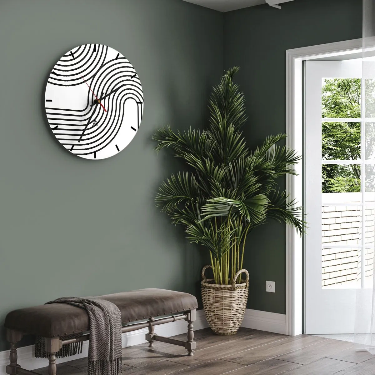 Ceas de perete - Ceas pe sticlă - Linii negre care formează un model complex de șine curbate - 30x30cm - Pe o curbă - Decorațiune modernă pentru perete pentru living, bucătărie și dormitor ARTTOR