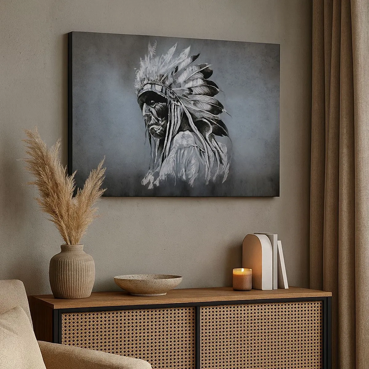 Tablou pe pânză Canvas - Portretul unui șef indian purtând o coafură tradițională - 70x50cm - Înapoi la rădăcini - Decorațiune modernă pentru perete pentru living și dormitor ARTTOR