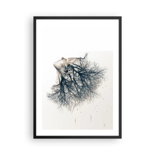 Poster în ramă neagră - Fața unei femei cu crengi care formează părul într-un stil suprarealist. - 50x70cm - Ascultând șoapta copacului - Decorațiune modernă pentru perete pentru living și dormitor ARTTOR