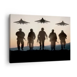 Tablou pe pânză Canvas - Siluete de soldați și avioane de vânătoare pe fundalul apusului de soare - 70x50cm - Bun venit în lumea mea - Decorațiune modernă pentru perete pentru living și dormitor ARTTOR
