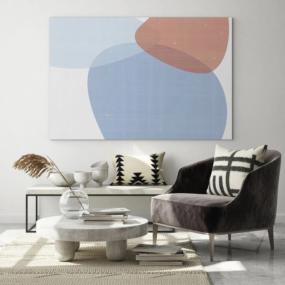 Tablou pe sticlă - Abstracție modernă cu forme albastre și roz - 70x50cm - Relații pastelate - Decorațiune modernă pentru perete pentru living și dormitor ARTTOR
