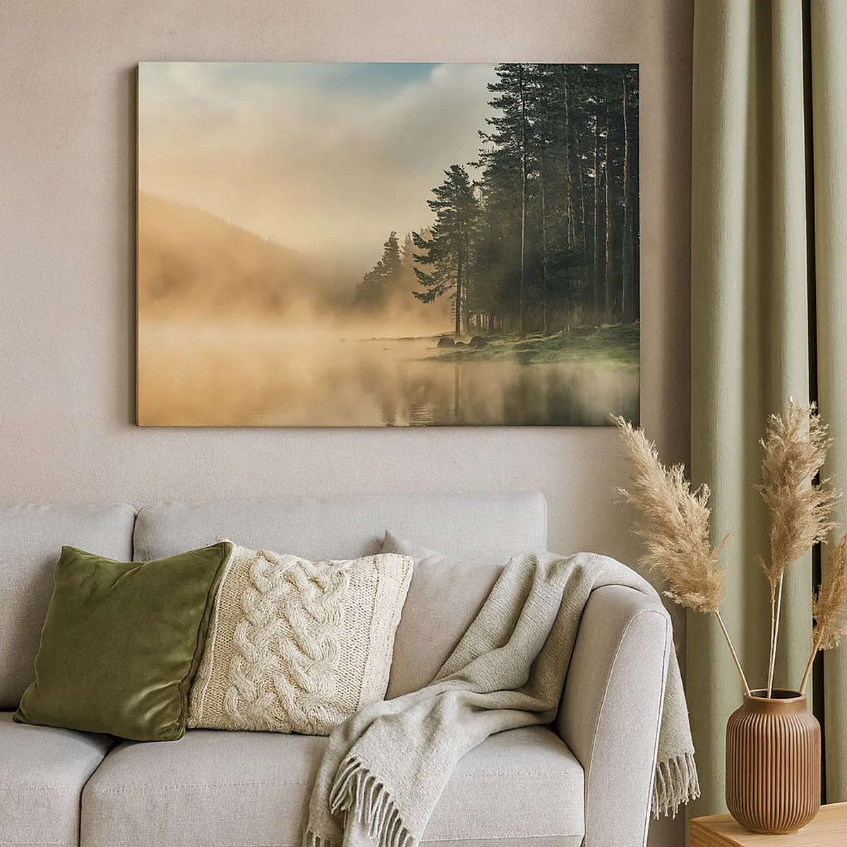 Tablou pe pânză Canvas - O pădure învăluită în ceață peste un lac liniștit - 70x50cm - Nașterea unei zile - Decorațiune modernă pentru perete pentru living și dormitor ARTTOR