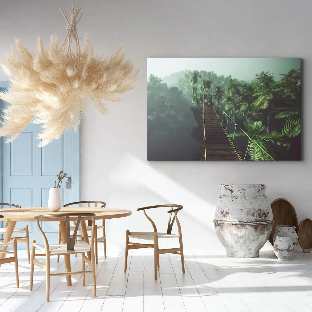 Tablou pe pânză Canvas - Un pod suspendat într-o pădure tropicală înconjurat de ceață. - 70x50cm - Deasupra cazanului verde - Decorațiune modernă pentru perete pentru living și dormitor ARTTOR