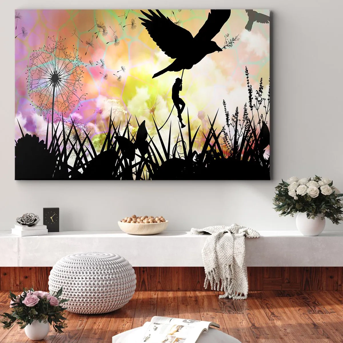 Tablou pe pânză Canvas - Siluetă naturală cu o pasăre și o păpădie - 70x50cm - Într-o atmosferă de basm - Decorațiune modernă pentru perete pentru living și dormitor ARTTOR
