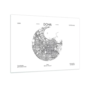 Tablou pe sticlă - O hartă grafică a orașului Doha într-un stil minimalist alb-negru. - 70x50cm - Anatomia orașului Doha - Decorațiune modernă pentru perete pentru living și dormitor ARTTOR
