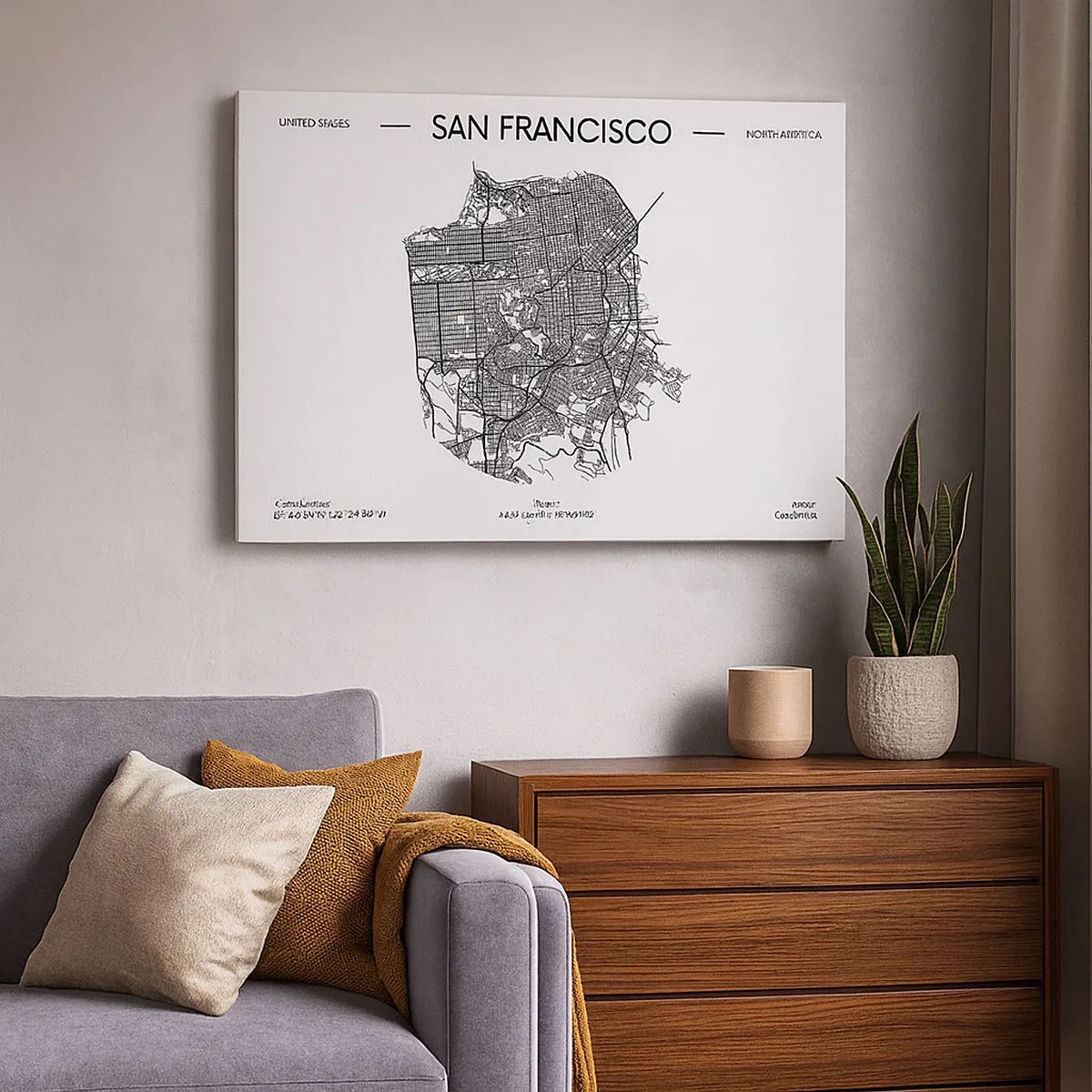 Tablou pe pânză Canvas - O hartă a orașului San Francisco într-un stil minimalist alb-negru. - 70x50cm - Anatomia San Francisco - Decorațiune modernă pentru perete pentru living și dormitor ARTTOR