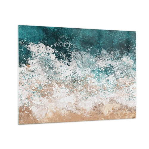 Tablou pe sticlă - Valuri abstracte ale mării în nuanțe de turcoaz, alb și bej nisipos - 70x50cm - Povești despre mare - Decorațiune modernă pentru perete pentru living și dormitor ARTTOR
