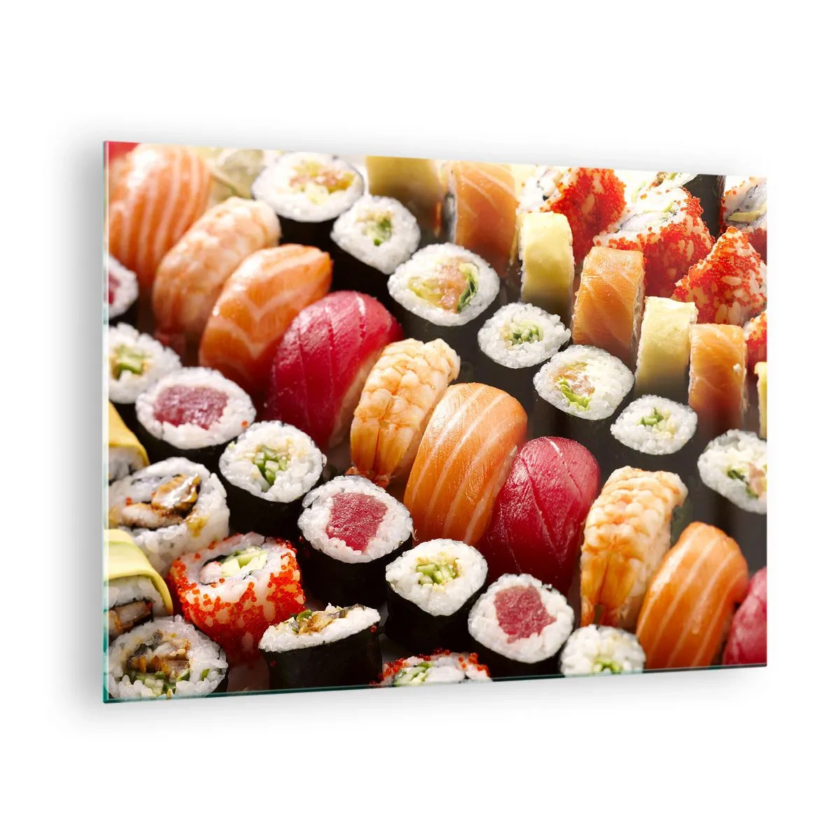 Tablou pe sticlă - O compoziție colorată de sushi cu o varietate de ingrediente - 70x50cm - Culorile și aromele Asiei - Decorațiune modernă pentru perete pentru living și dormitor ARTTOR