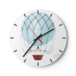 Ceas de perete - Ceas pe sticlă - Ilustrație a unui balon albastru pe fundal alb cu un coș - 30x30cm - Complet în nori - Decorațiune modernă pentru perete pentru living, bucătărie și dormitor ARTTOR