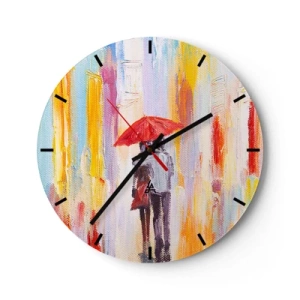 Ceas de perete - Ceas pe sticlă - figură cu o umbrelă roșie pe fundalul unui oraș colorat - 30x30cm - Să plouă în continuare - Decorațiune modernă pentru perete pentru living, bucătărie și dormitor ARTTOR