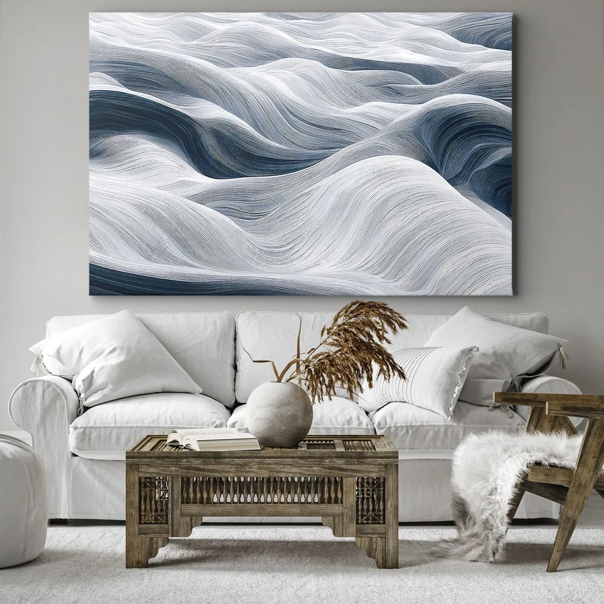 Tablou pe pânză Canvas - Linii ondulate în nuanțe de albastru și alb - 70x50cm - Valuri albastre și albe - Decorațiune modernă pentru perete pentru living și dormitor ARTTOR