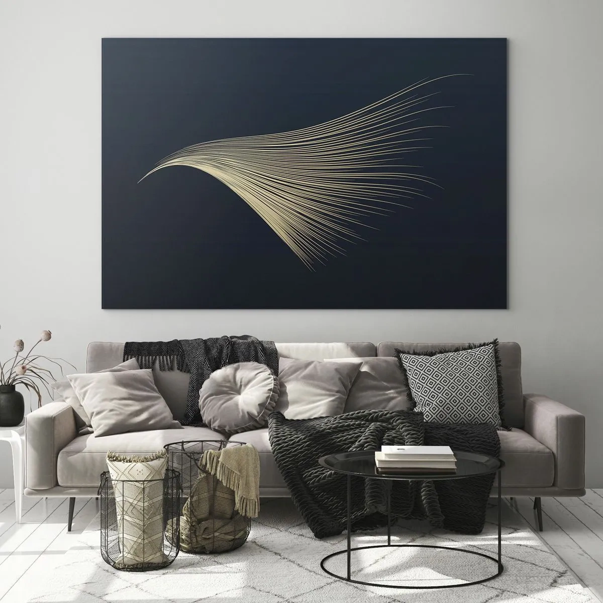Tablou pe sticlă - O linie aurie care seamănă cu o aripă pe un fundal bleumarin - 70x50cm - Ca părul unui înger - Decorațiune modernă pentru perete pentru living și dormitor ARTTOR