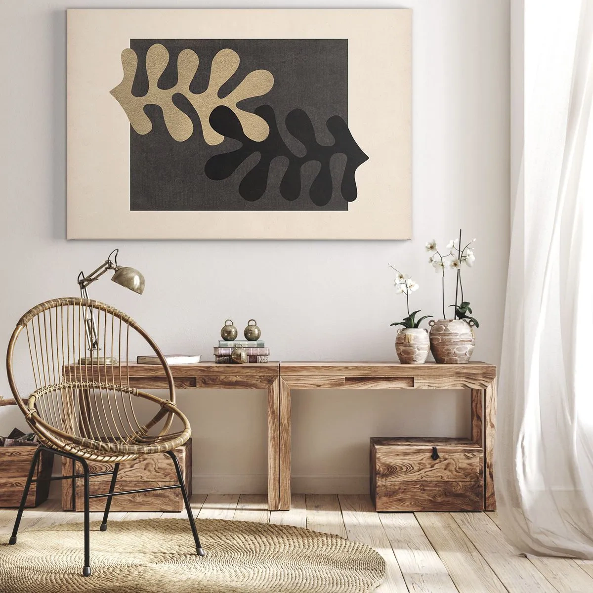 Tablou pe pânză Canvas - Frunze abstracte în negru și bej pe un fundal dreptunghiular - 70x50cm - Absență și completare - Decorațiune modernă pentru perete pentru living și dormitor ARTTOR