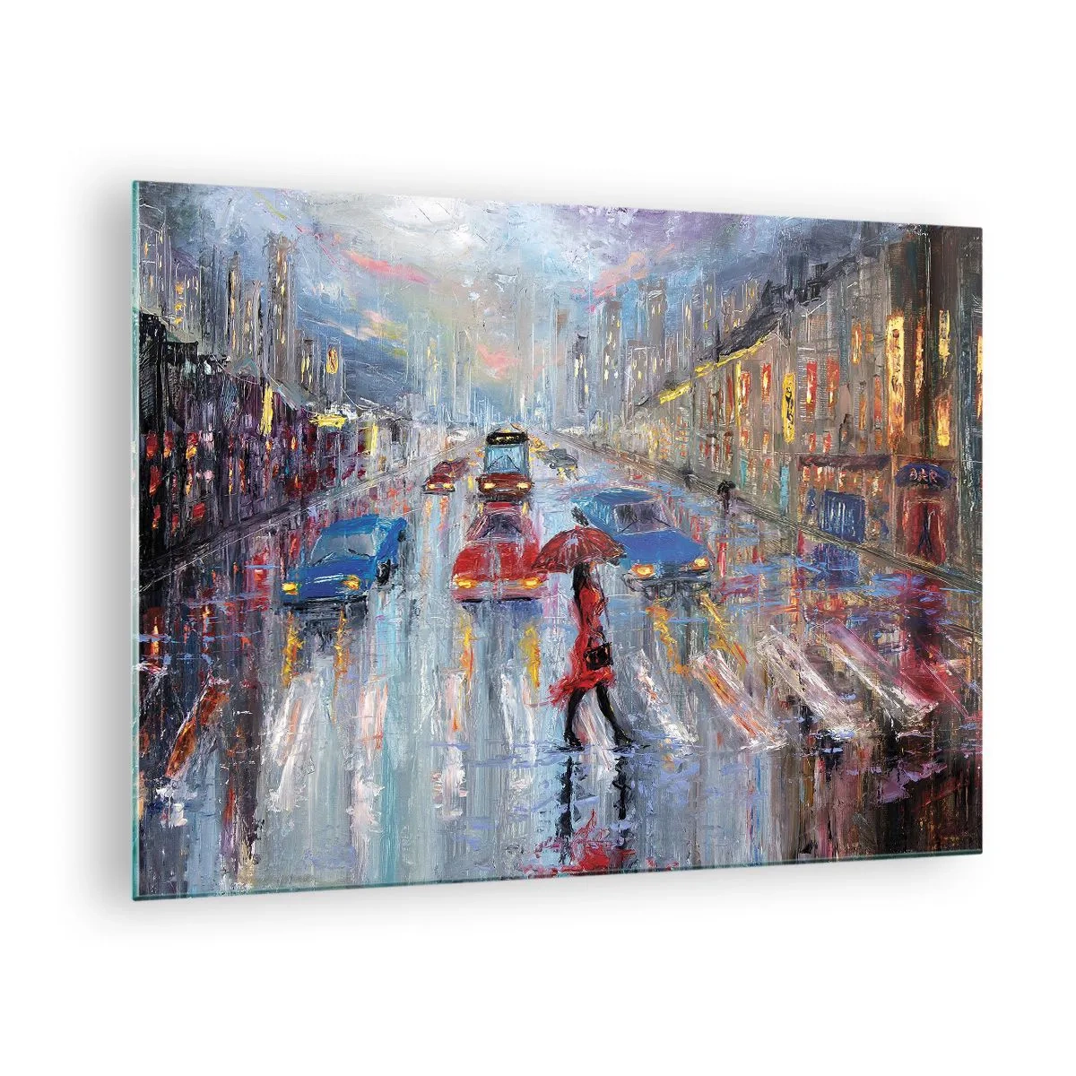Tablou pe sticlă - Scenă urbană noaptea cu ploaie și lumini colorate - 70x50cm - O după-amiază ploioasă în oraș - Decorațiune modernă pentru perete pentru living și dormitor ARTTOR