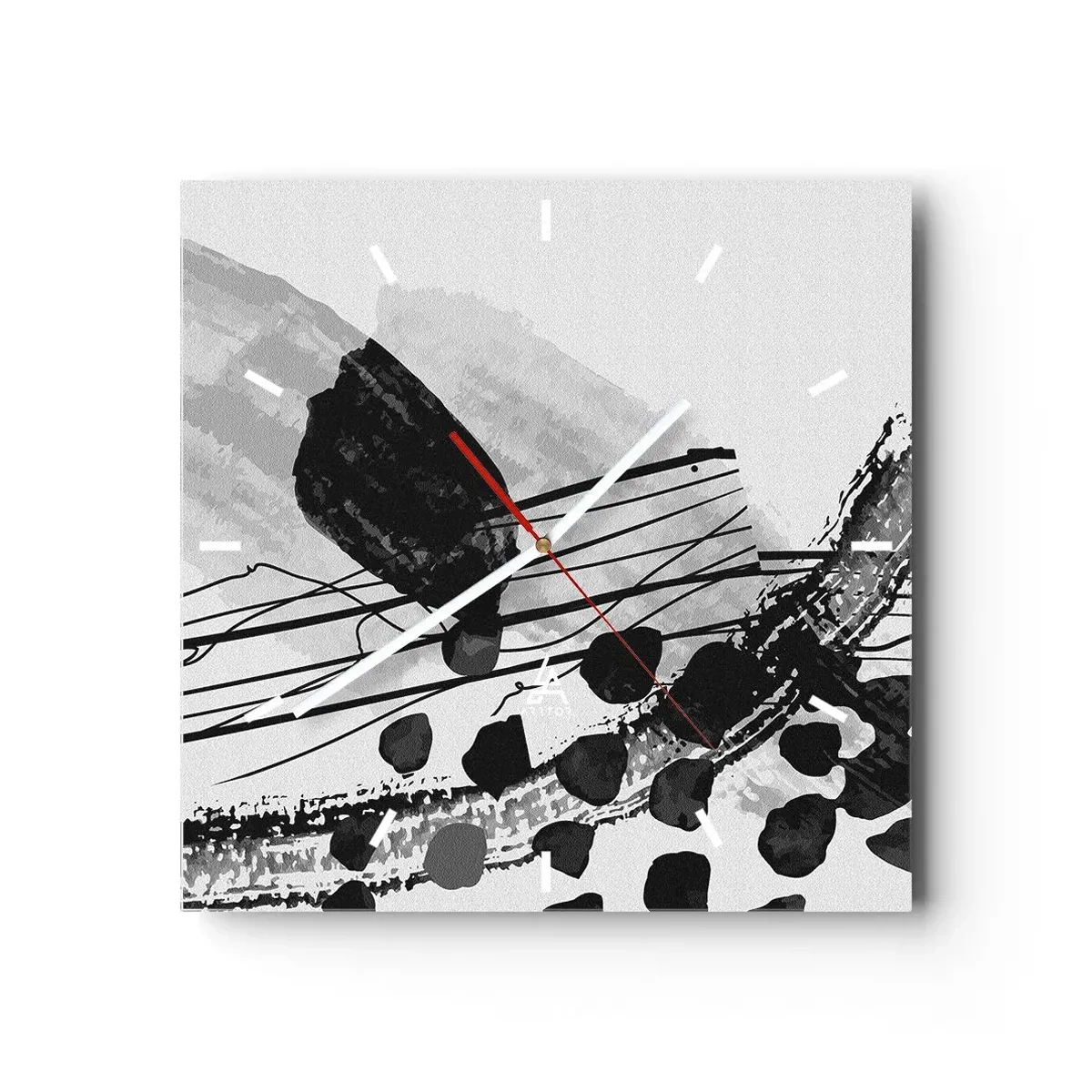 Ceas de perete - Ceas pe sticlă - Abstracție organică în negru și alb - 30x30 cm