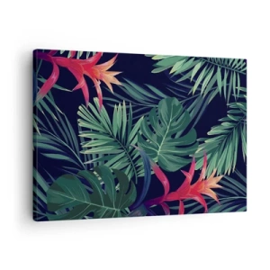 Tablou pe pânză Canvas - Frunze și flori tropicale pe un fundal întunecat - 70x50cm - Flacăra verde - Decorațiune modernă pentru perete pentru living și dormitor ARTTOR