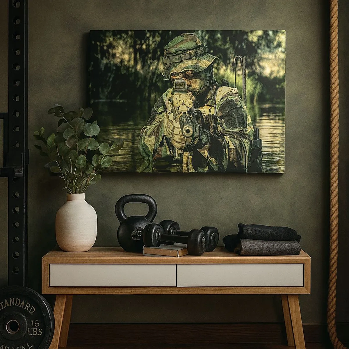 Tablou pe pânză Canvas - Un soldat în camuflaj țintește prin apă. - 70x50cm - Cel mai bun dintre cei mai buni - Decorațiune modernă pentru perete pentru living și dormitor ARTTOR