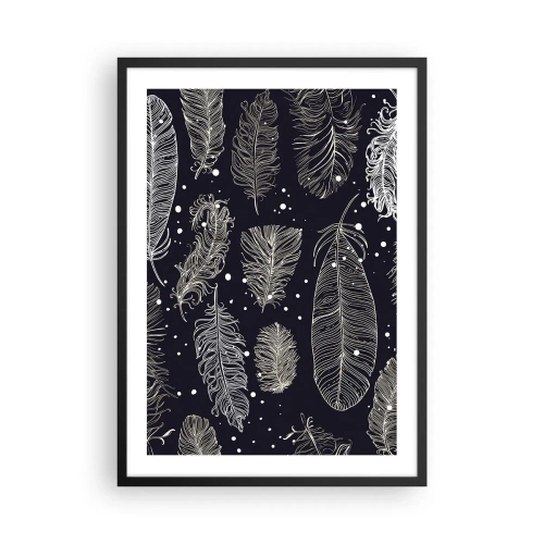 Poster în ramă neagră - Pene albe pe fundal negru într-un aranjament elegant - 50x70cm - Dantelă cu pene - Decorațiune modernă pentru perete pentru living și dormitor ARTTOR